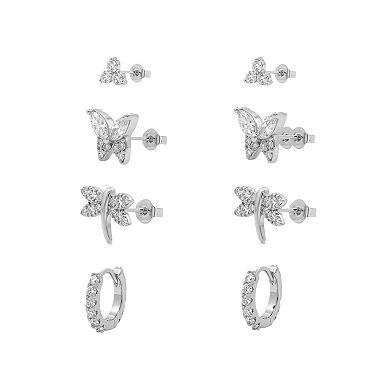 PRIMROSE 4-Pair Silver Plated Cubic Zirconia Whimsical Stud & Hoop Earrings Set