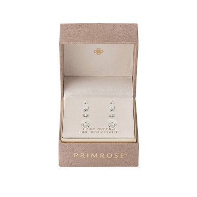 PRIMROSE 4-Pair Silver Plated Cubic Zirconia Whimsical Stud & Hoop Earrings Set
