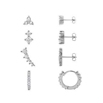 PRIMROSE 4-Pair Fine Silver-Plated Cubic Zirconia Stud & Hoop Earrings Quad Set