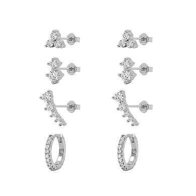 PRIMROSE 4-Pair Fine Silver-Plated Cubic Zirconia Stud & Hoop Earrings Quad Set