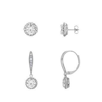PRIMROSE Fine Silver Plated Cubic Zirconia Halo Stud & Drop Earrings Duo Set