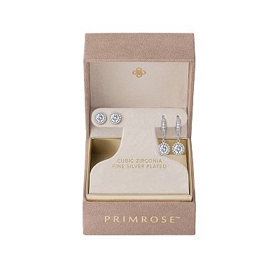 PRIMROSE Fine Silver Plated Cubic Zirconia Halo Stud & Drop Earrings Duo Set