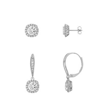 PRIMROSE Fine Silver Plated Cubic Zirconia Cushion Shape Halo Stud & Drop Earrings Duo Set