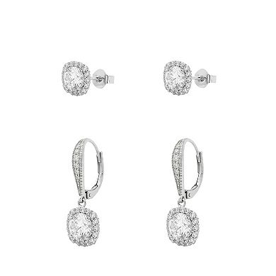 PRIMROSE Fine Silver Plated Cubic Zirconia Cushion Shape Halo Stud & Drop Earrings Duo Set