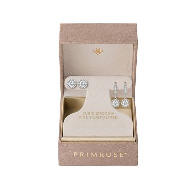 PRIMROSE Fine Silver Plated Cubic Zirconia Cushion Shape Halo Stud & Drop Earrings Duo Set