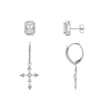 PRIMROSE Fine Silver Plated Cubic Zirconia Halo Stud & Cross Drop Earrings Duo Set