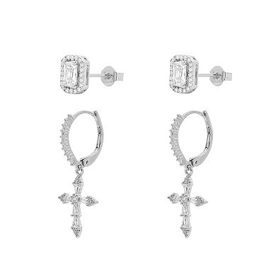 PRIMROSE Fine Silver Plated Cubic Zirconia Halo Stud & Cross Drop Earrings Duo Set