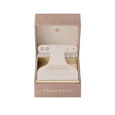 PRIMROSE Fine Silver Plated Cubic Zirconia Halo Stud & Cross Drop Earrings Duo Set