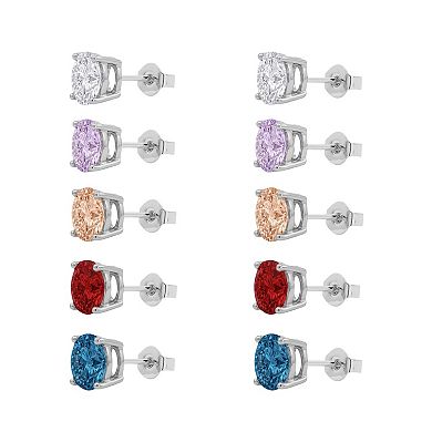 PRIMROSE 5-Pair Fine Silver Plated Cubic Zirconia Stud Earring Set