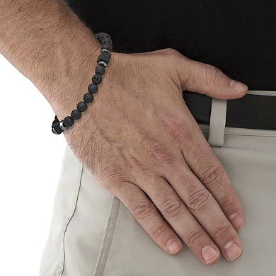 Men's Round Black Lava and Hematite Silvertone Stretch Bracelet 9-inch