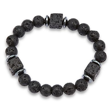 Men's Round Black Lava and Hematite Silvertone Stretch Bracelet 9-inch