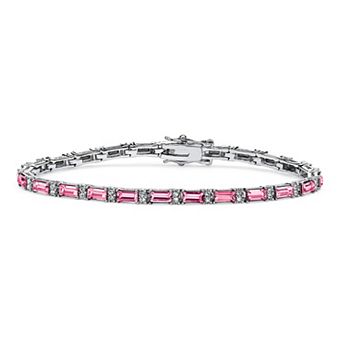 Simulated Birthstone Silvertone Tennis Bracelet 7.5"