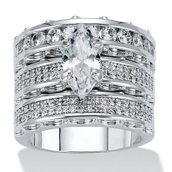 3 pc 3.38 TCW Marquise Cubic Zirconia Platinum-Plated Bridal Ring Set