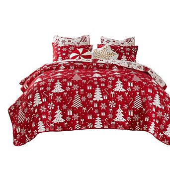 Daru 2 pc Twin Quilt Set, Red and White Polyester, Christmas Theme