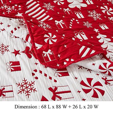 Daru 2 Piece Twin Quilt Set, Red and White Polyester, Christmas Theme