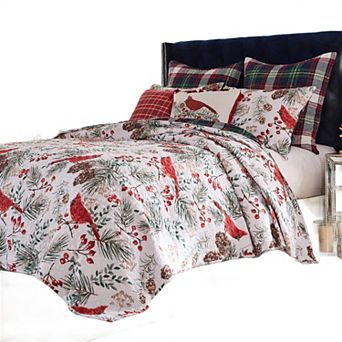 Coro 2 pc Twin Size Quilt Set, Red White Christmas Cardinal Polyester