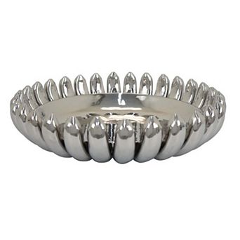 Zoma Accent Bowl, 16 Inch Raised Rounded Edges, Silver Ceramic Body