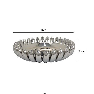 Zoma Accent Bowl, 16 Inch Raised Rounded Edges, Silver Ceramic Body