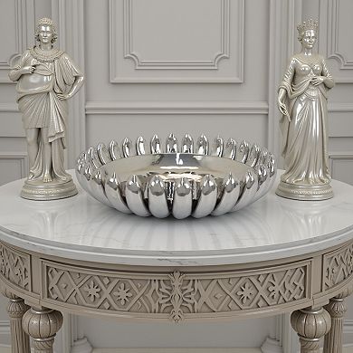 Zoma Accent Bowl, 16 Inch Raised Rounded Edges, Silver Ceramic Body