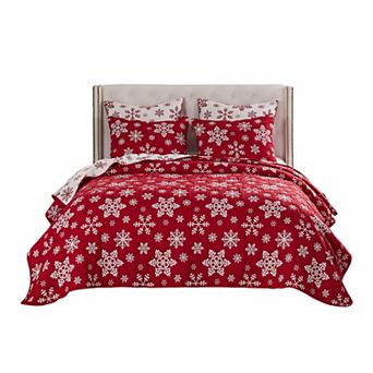 Flok 2 pc Twin Quilt Set, Red and White Polyester, Snowflake Theme