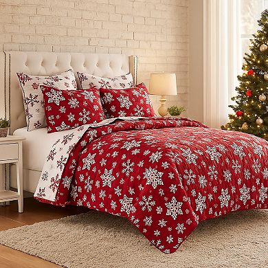 Flok 2 Piece Twin Quilt Set, Red and White Polyester, Snowflake Theme