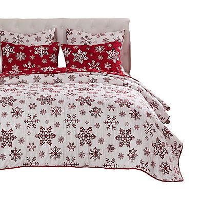 Flok 2 Piece Twin Quilt Set, Red and White Polyester, Snowflake Theme