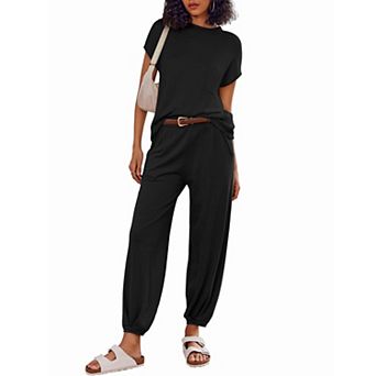 Ekouaer 2 pc Outfits Lounge Sets for Women Sweater Sets Knit Short Sleeve Tops Jogger Pants