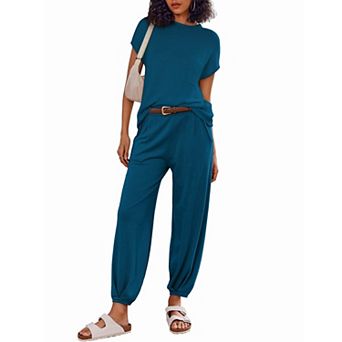 Ekouaer 2 pc Outfits Lounge Sets for Women Sweater Sets Knit Short Sleeve Tops Jogger Pants