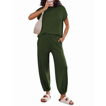 Ekouaer 2 pc Outfits Lounge Sets for Women Sweater Sets Knit Short Sleeve Tops Jogger Pants