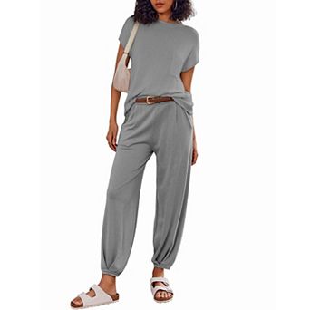 Ekouaer 2 pc Outfits Lounge Sets for Women Sweater Sets Knit Short Sleeve Tops Jogger Pants