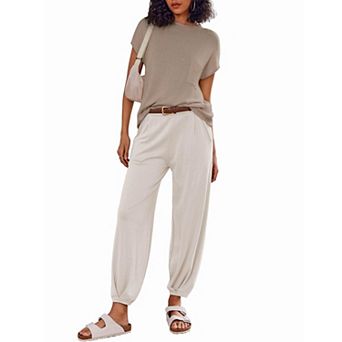 Ekouaer 2 pc Outfits Lounge Sets for Women Sweater Sets Knit Short Sleeve Tops Jogger Pants