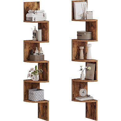 2-Piece 5-Tier Floating Corner Shelf Set, Z-Shaped Wall Shelves for Living Room, Bedroom, or Office