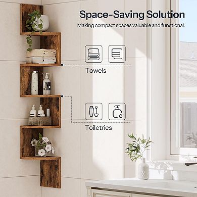 2-Piece 5-Tier Floating Corner Shelf Set, Z-Shaped Wall Shelves for Living Room, Bedroom, or Office
