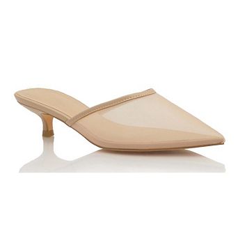 Sheer Mesh Pointed-Toe Kitten Heel Mule Slip-On Dress Pump