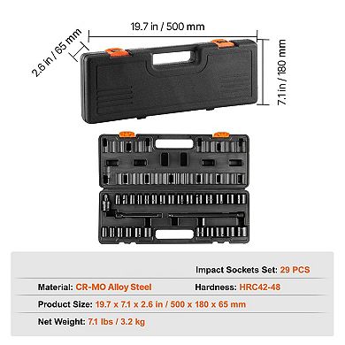 29 Piece Drive Impact Socket Set with Extensions and Universal Joint