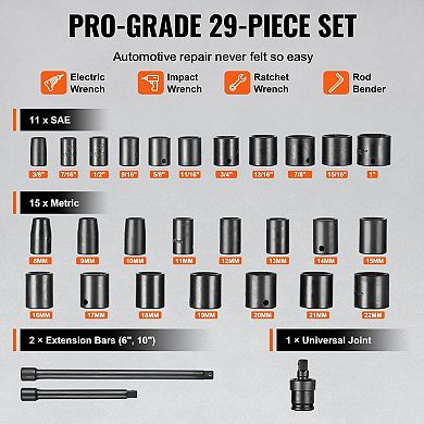29 Piece Drive Impact Socket Set with Extensions and Universal Joint