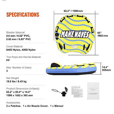 3-Person Inflatable Towable Tube with Handles and Boarding Straps