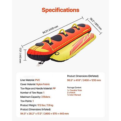 3-Person Cylindrical Rocket Towable Tube with Padded Handles