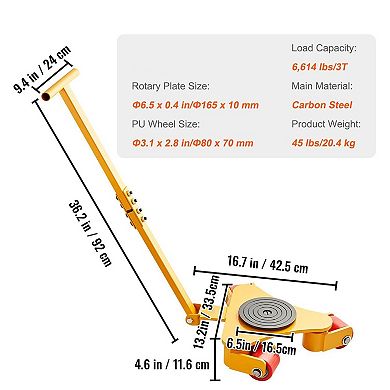 3-Ton Machinery Skate Dolly with 360° Rotating PU Wheels and Long Handle