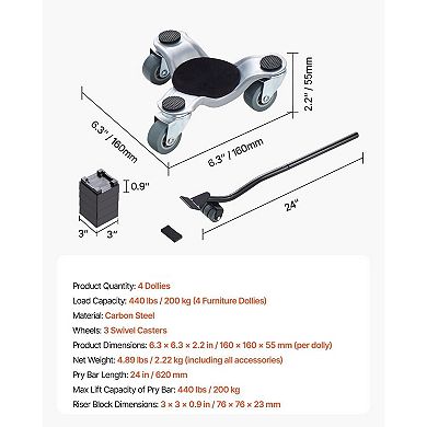 4 PCS Carbon Steel Dolly for Moving Sofas, Appliances, and Heavy Items