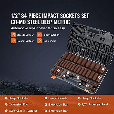 34-Piece Deep Impact Socket Set 836mm with Extensions and Toolbox