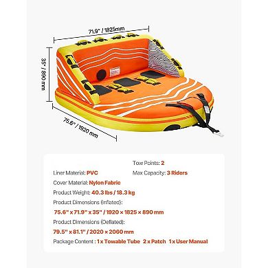 3-Person D-Shaped Couch Towable Tube with High Backrest and 16 Handles