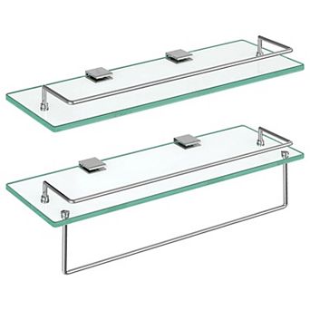 2 pc Bathroom Floating Shelf Set with Tempered Glass Shelves and Stainless Steel Towel Rod