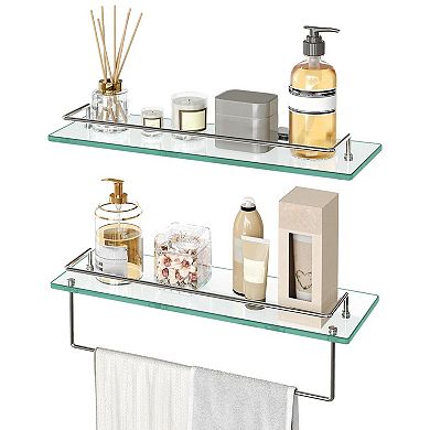 2-Piece Bathroom Floating Shelf Set with Tempered Glass Shelves and Stainless Steel Towel Rod