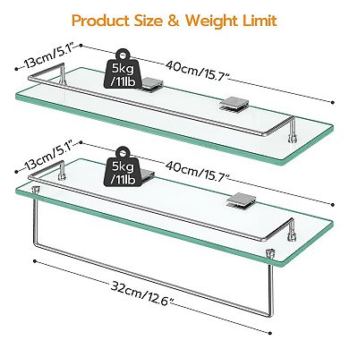 2-Piece Bathroom Floating Shelf Set with Tempered Glass Shelves and Stainless Steel Towel Rod