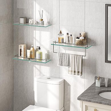 2-Piece Bathroom Floating Shelf Set with Tempered Glass Shelves and Stainless Steel Towel Rod