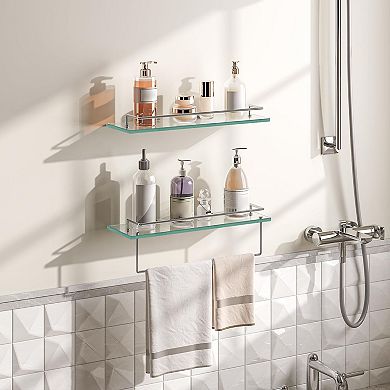 2-Piece Bathroom Floating Shelf Set with Tempered Glass Shelves and Stainless Steel Towel Rod