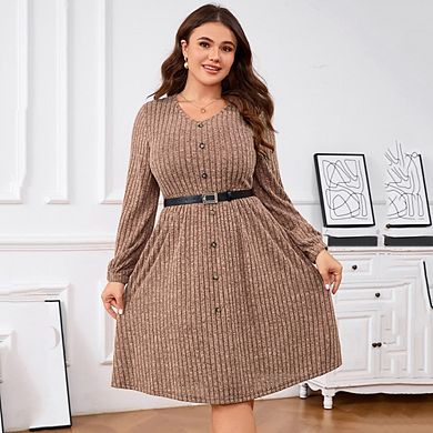 Women's V Neck Lantern Sleeve Button Sweater Dress with Belt