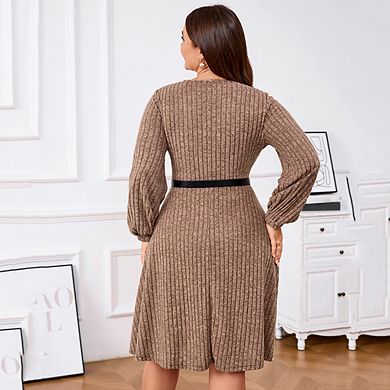Women's V Neck Lantern Sleeve Button Sweater Dress with Belt