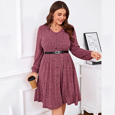 Women's V Neck Lantern Sleeve Button Sweater Dress with Belt